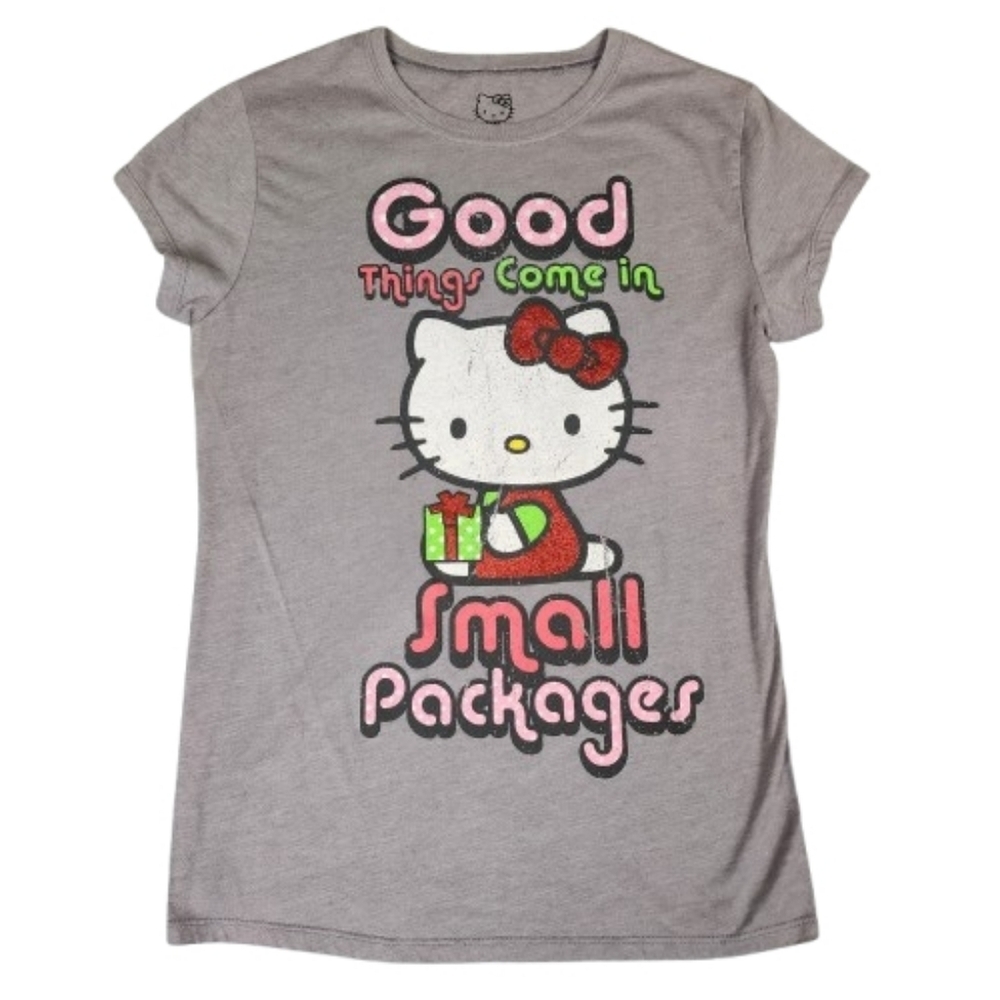 Hello Kitty Gray Tee Good Things Come In Small Packages Capped Sleeve Womens XL